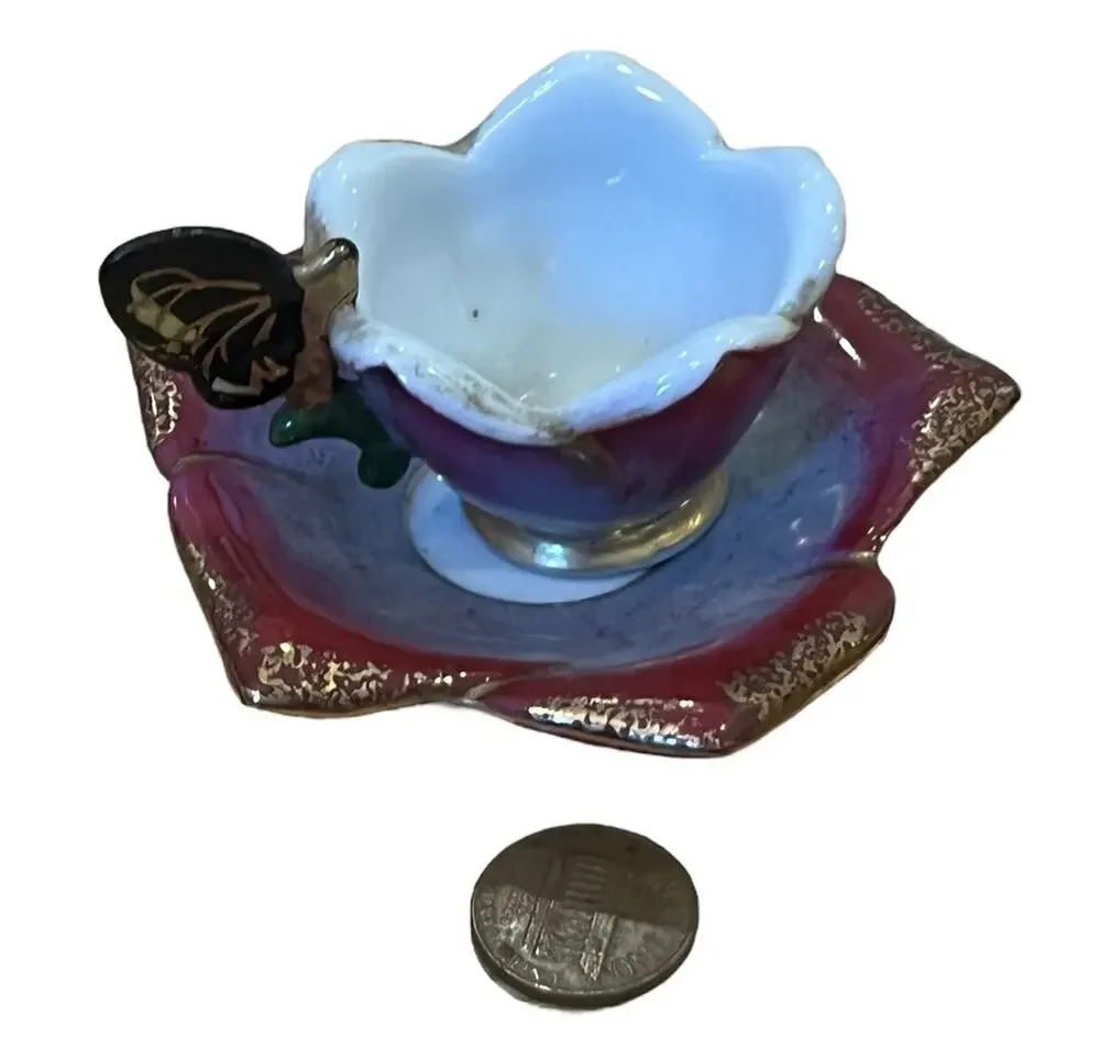 Japan Hand Painted Miniature Tea Cup & Saucer Purple Flower Butterfly Handle VTG